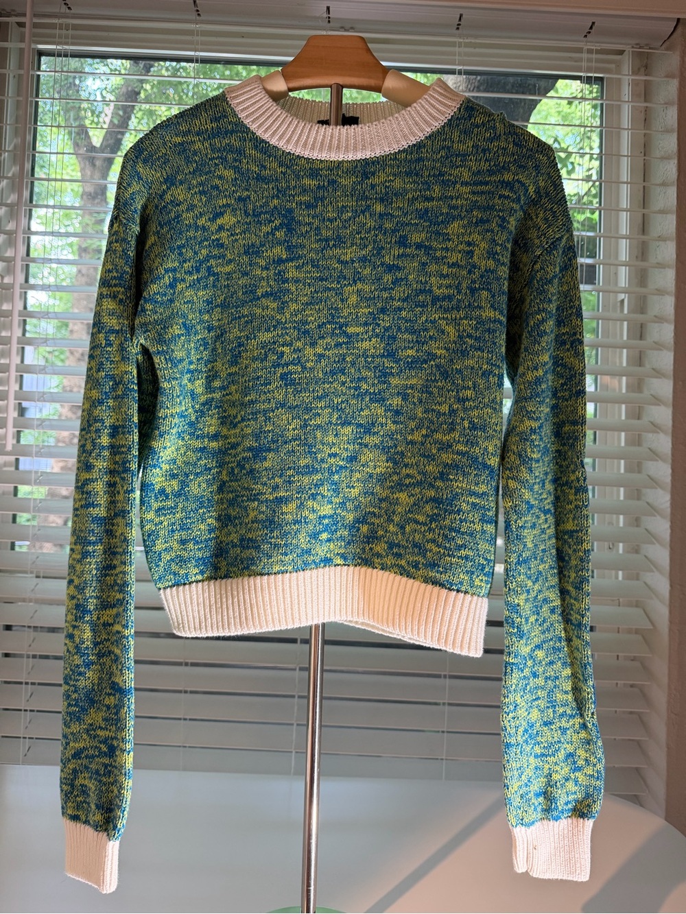 The Upside Blue-Green Marled Crewneck Sweater with Cream Trim